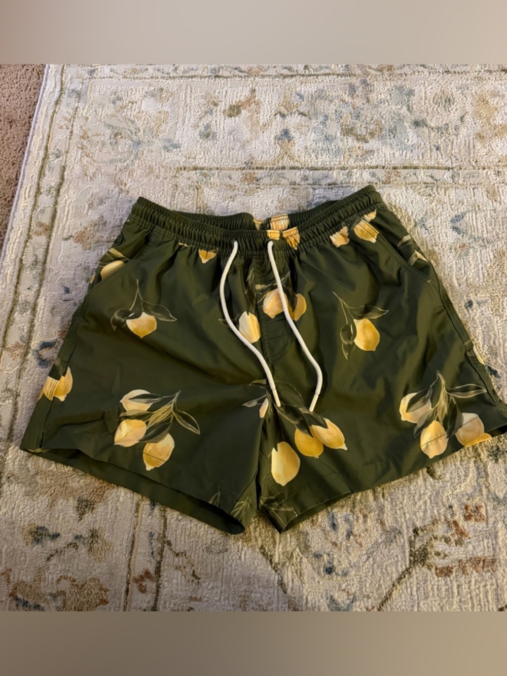 American Eagle Outfitters Men’s Olive Green Swim Shorts with Yellow Lemon Print